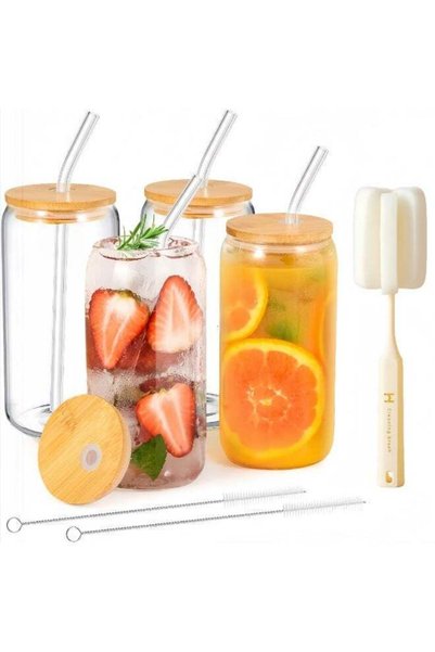 Generic 4 Drinking Glasses with Bamboo Lids and Glass Straw - 4 Pcs Can Shape...
