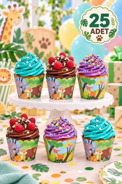 Baloncu Nene Safari Hayvanlı Cupcake Kılıfı 25 Adet Kek Kağıdı Muffin Kabı Ço...