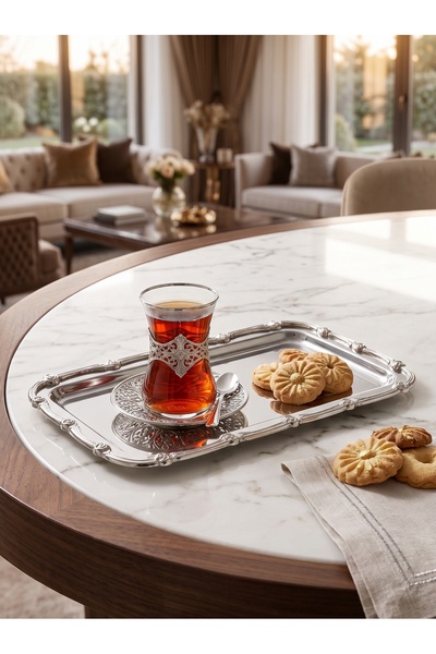 Lina Lüks Gümüş Söz Nişan ve Kahve Sunum Tepsisi Çay Seti - Zarif Çeyizlik Özel Misafir Sunumluk 33*17 CM