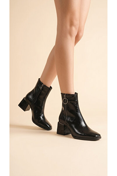 Moda Lime Leather Zippered Heel Detailed Short Simple Classic Boots Bootie