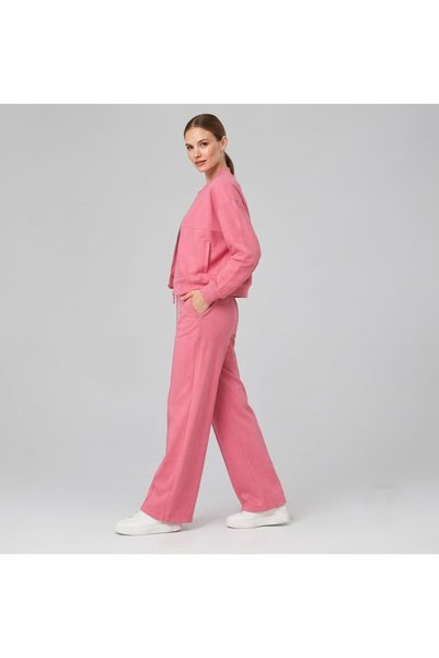 Gelsomino Pink Zippered Jacket and Pipe-Leg Sweatpants Set, Stand-Up Collar, Two-Piece Combination, Comfortable Fit