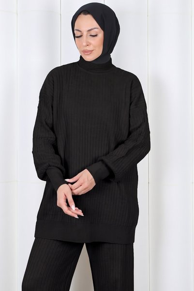 HNT Hayrunnisa Tesettür Half Turtleneck Sweater with Sleeve Detail and Trousers Knitwear Set Black Hnt2811