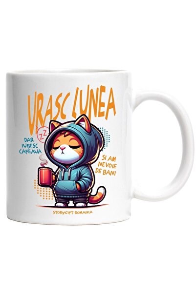 INOVATIX Personalized white mug, Cat with Hoodie and Coffee Mug I Hate Monday...