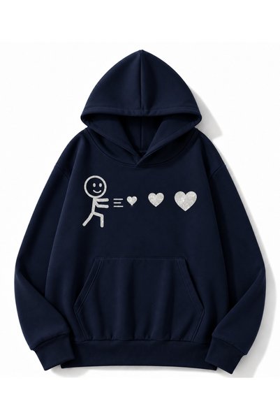 MOONBULL Unisex Kalp Gönderen Çöp Adam Simli Baskılı Kışlık Kapüşonlu Oversiz...