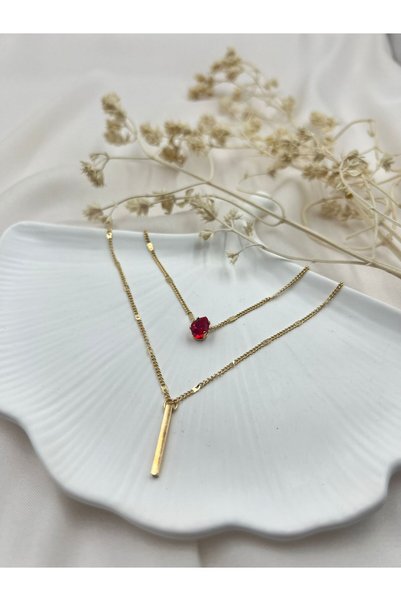 Lunarie Xupig Gold Layered Red Stone Bar Necklace - Modern Non-Tarnish Anti-Allergy Vintage Fade-Resistant Stylish Women's Necklace