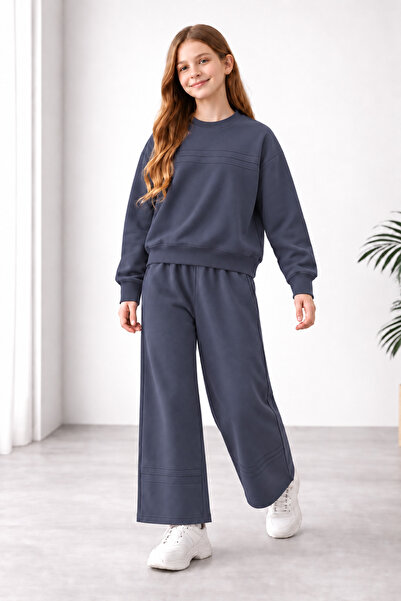 Joi Kids Girl's Smoked Crew Neck Wide Leg Sweatpants Set with Stitching Detail
