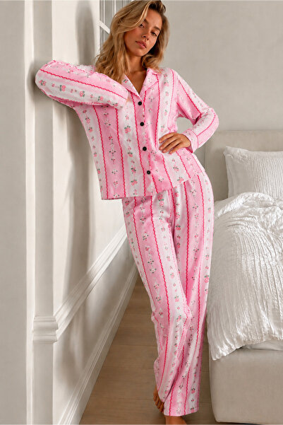 FİT WOMEN Kadın Desenli Düğmeli Uzun Kollu Pembe Pijama Takımı