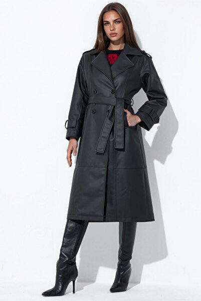 Hiccup Faux Leather Belted Long Trench Coat
