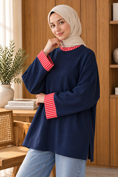 EFRAH Çizgili Manşet Detaylı Oversize Sweatshirt Tunik