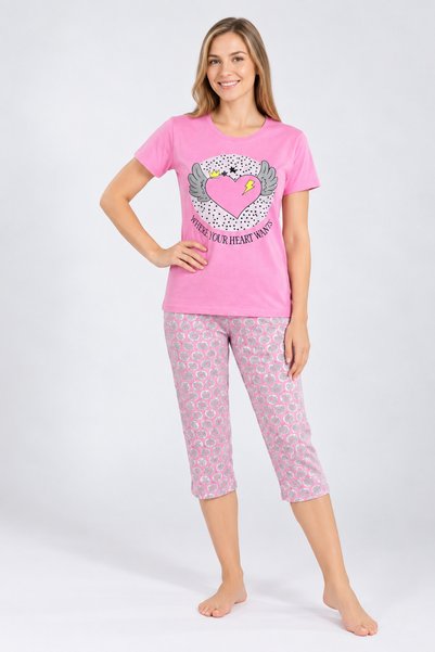 MARILYNMOOD Pijama dama, tricou roz cu imprimeu cu inima și pantaloni 3/4 aso...