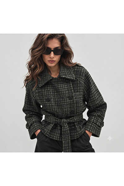 Şayse Design Kruvaze Yaka ,Ekoseli, Kuşaklı,Oversize Ceket/Kaban