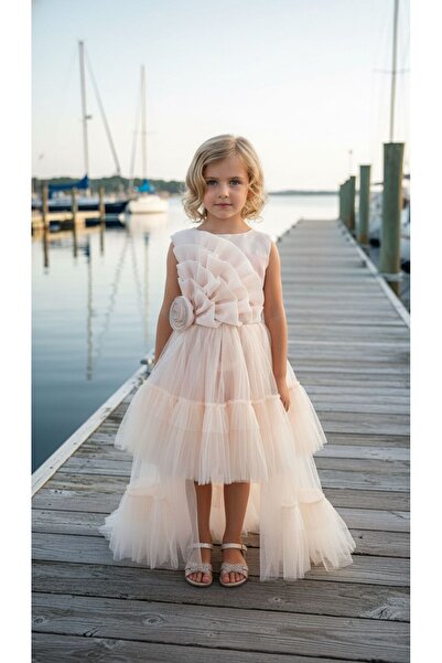 Ugly Duck Rose Detail Long Evening Dress for Ages 4-8 - Powder
