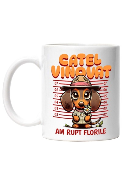 INOVATIX Cana alba personalizata,Caine Beagle Cu Palarie Roz Si Floare Margar...