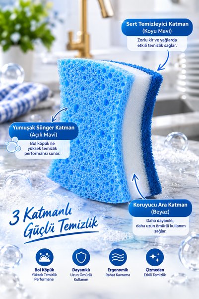grimorlife 6 Adet Premium Mavi Renk 3 Katmanlı Bulaşık Süngeri – Özel Dokulu Mutfak Temizlik Süngeri Seti