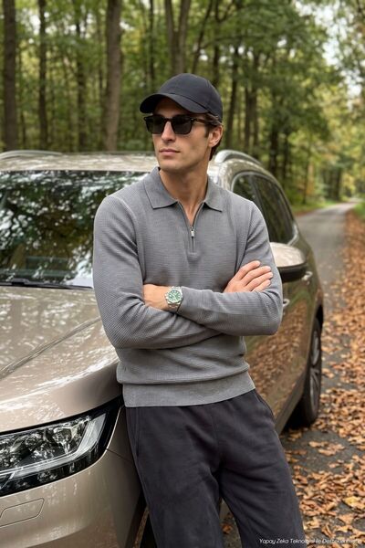 Çizgi Triko Men's Zippered Polo Neck White Sweater Knitwear Embossed Knit Sol...