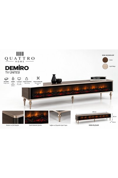 QUATTRO HOME Demiro Elektrikli Şömineli TV Ünitesi 160 cm Açık Meşe Metal Aya...