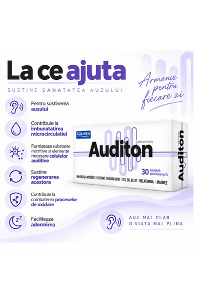 Solinea Supliment alimentar Auditon, pentru sustinerea auzului si microcirculatiei, cu extracte vegetale, vitamine, magneziu si melatonina, 30 comprimate
