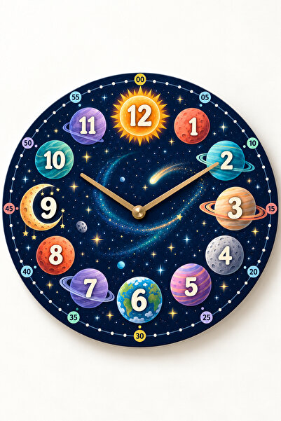 Aldebaran Reklam Eğitici Çocuk Duvar Saati Uzay Temalı 40 cm MDF Sessiz Akar ...
