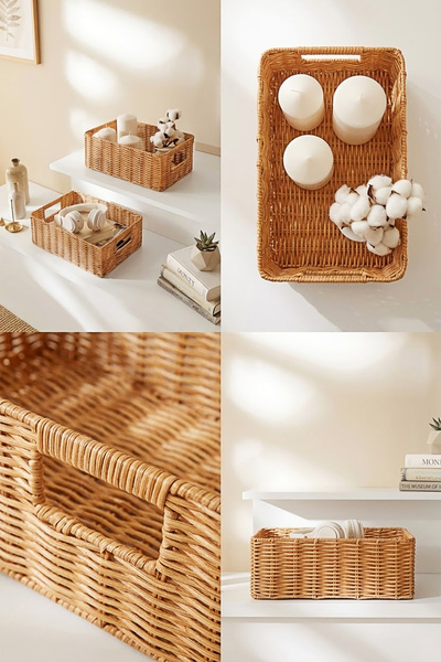 Ocean Home Textile 2'li Yıkanabilir Bej PP Rattan Dolap İçi Çamaşır Çocuk Odası Oyuncak Düzenleyici Saklama Sepeti Organizer 30x20x11 /36x26x12
