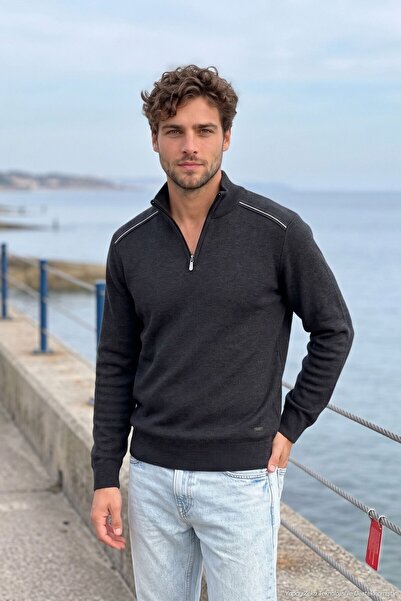 Çizgi Triko Men's Zippered Half Fisherman Stone Sweater Knitwear Solid Color ...