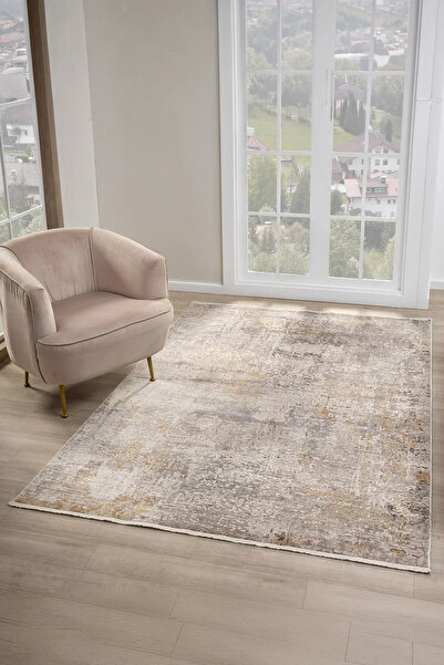 NAZENDE HALI Modern Soyut Vintage Desenli Halı Bej Kahve Tonlu Salon Halısı Y...