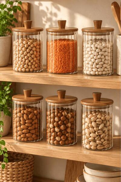 Atbyhome 6'lı Akasya Ahşap Kapaklı Çizgili Cam Kavanoz 860 ml - Vakumlu Erzak...