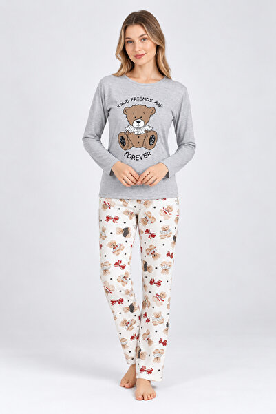 Miss Lale Pijama Γυναικεία γκρι πιτζάμες, με στάμπα αρκουδάκι και την επιγραφ...