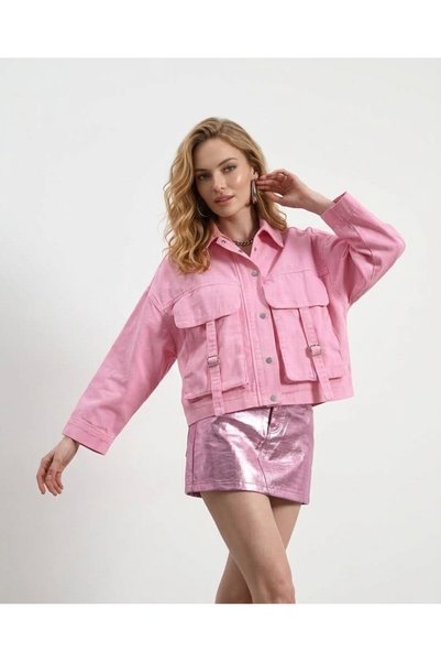 BW Bravely Wear Women's Pink Denim Gabardine Jacket with Buckle Detail