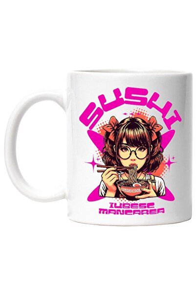 INOVATIX Personalized white mug, Anime Style Girl With Bows And Glasses Eatin...