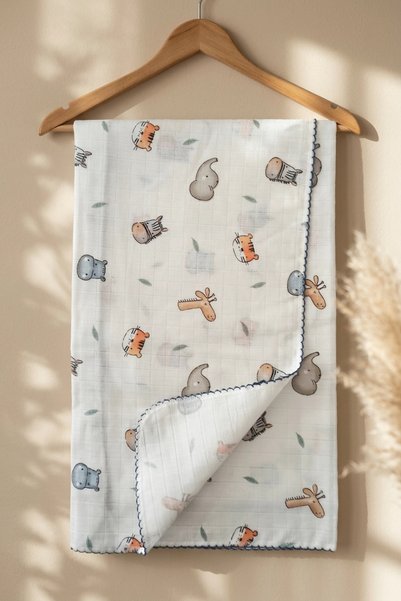 ANP MODA TASARIM Blue Safari Patterned Cotton Muslin Baby Blanket with Piping...