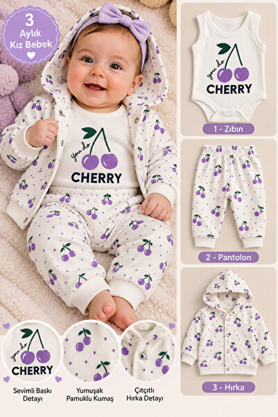 HELMİRA 3-Piece Baby/Monthly Soft Cotton Bodysuit, Pants and Hooded Cardigan Set