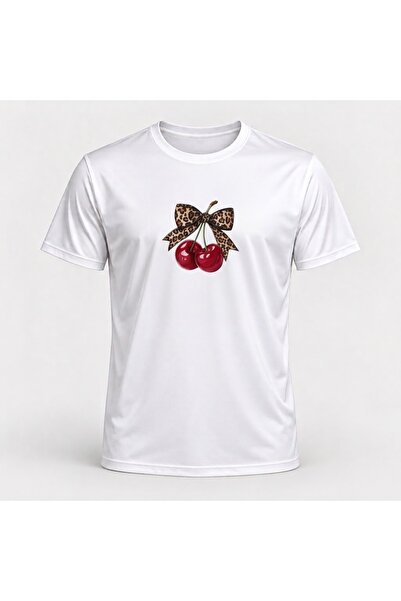 Vepra Unisex Beyaz Leopar Fiyonk Kiraz Baskılı Bisiklet Yaka T-Shirt