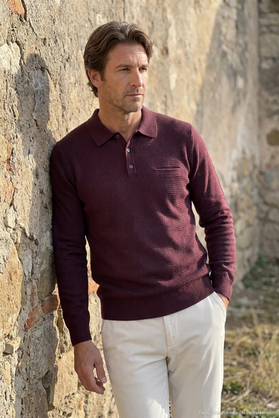 Çizgi Triko Men's Large Size Polo Collar Burgundy Sweater Rice Patterned Cott...
