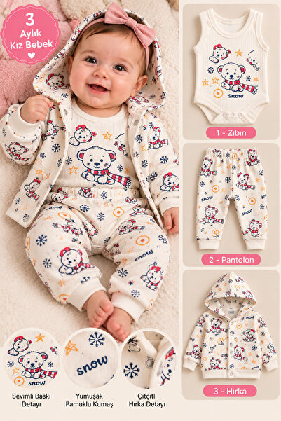 HELMİRA 3-Piece Baby/Monthly Soft Cotton Bodysuit, Pants and Hooded Cardigan Set