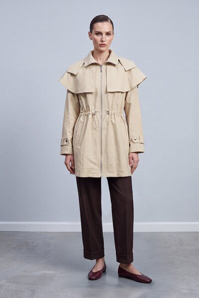 Soul Hooded Cape Detailed Drawstring Jacket Beige 32556