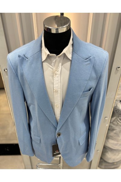 SABRİ ZENGİN Men's Blue Slim Fit Combed Cotton Fabric Denim Patched Blazer Single Jacket