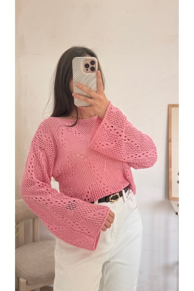 Hepsi Moda Kayık Yaka Çarkıfelek Ajurlu Kazak - Toz Pembe