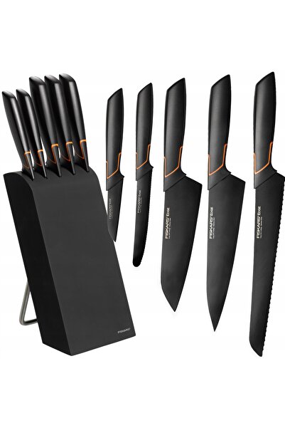 FiSKARS SET 5 CUȚITE DE BUCĂTĂRIE ÎN BLOCK, CU TĂIȚĂRI ASCUȚI, NEGRE + ASCUȚITOR