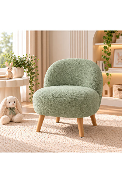 Yuems home Teddy Kumaş Mini Berjer Çocuk Koltuğu Ahşap Ayaklı Tekli Koltuk
