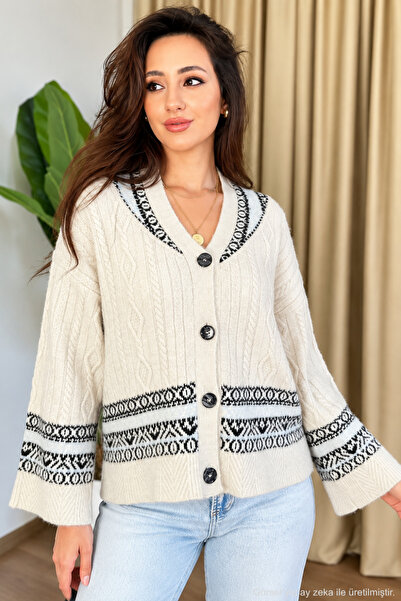 Polo State كارديجان نسائي منسوج بنمط V-Neck بلون إكرو