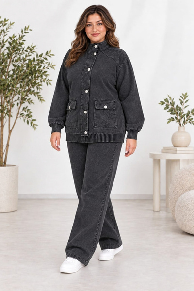 CEDY DENIM Women's Elastic Waist Cord Adjustable Piece-Dye Wide Leg Jacketed Tracksuit Set C7140-Black