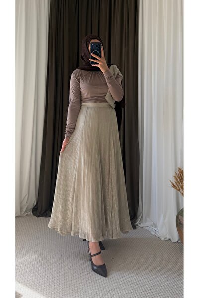 Hepsi Moda Tek Omuz Simli Volan Detaylı Etekli Takım - Vizon
