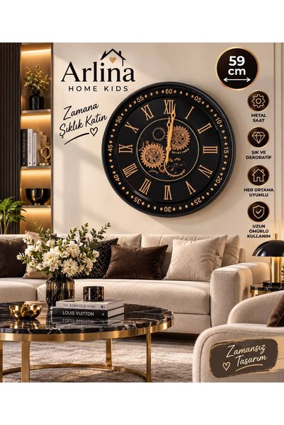 Arlina Home Kids 59 CM Siyah Gold Premium Duvar Saati 2607