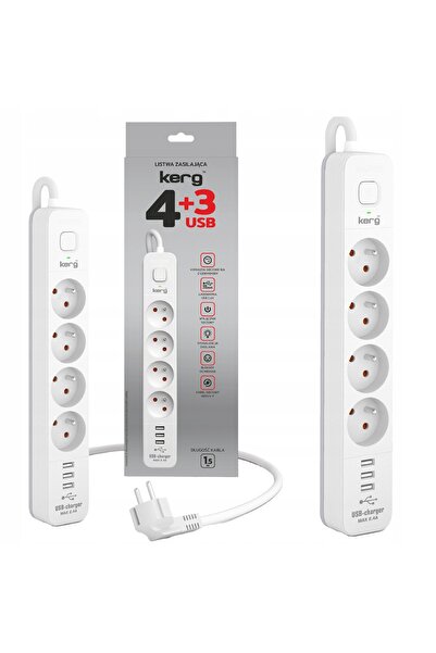 KERG Prelungitor cu 4 prize, 1,5m, 3x USB, întrerupător, alb