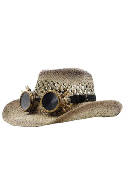 Pursehuit Pălărie de vară bej, stil cowboy, cu ochelari decorativi, Adelmine