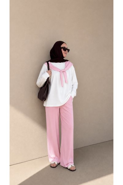 Hepsi Moda Shawl Detailed Trouser Suit - Pink & Ecru