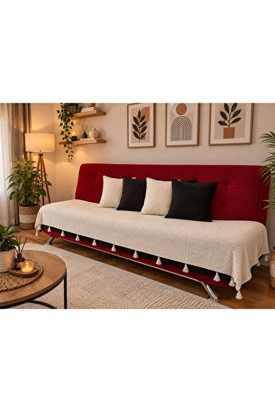 lüf Püsküllü Koltuk Örtüsü krem – 100x230 cm | Şık ve Dekoratif Koltuk Şalı