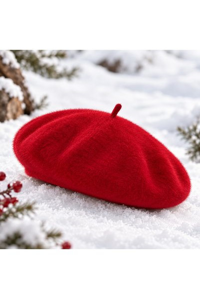 Eke Tekstil Women's Plush Fur-Filled French Red Painter's Beret