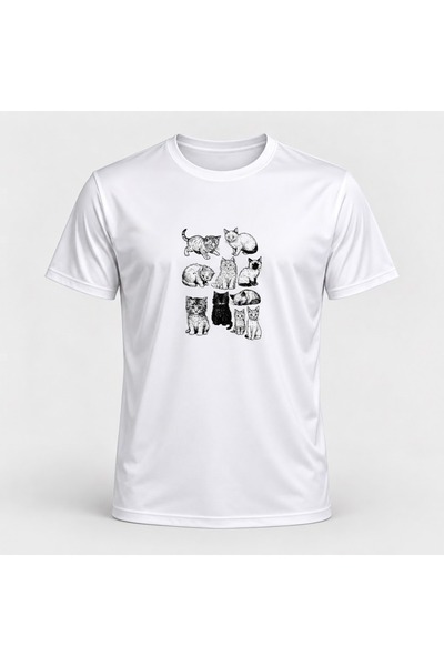 Vepra Unisex Beyaz Yavru Kediler İllüstrasyon Baskılı Bisiklet Yaka T-Shirt