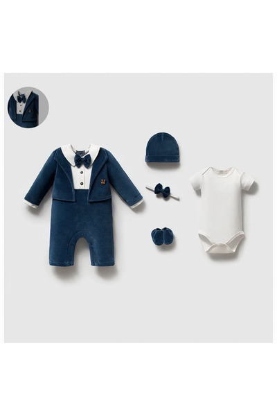 Little Ya Ya Love 3/6 Months Baby Boy Blue Velvet Boxed Set of 5 (Gift)